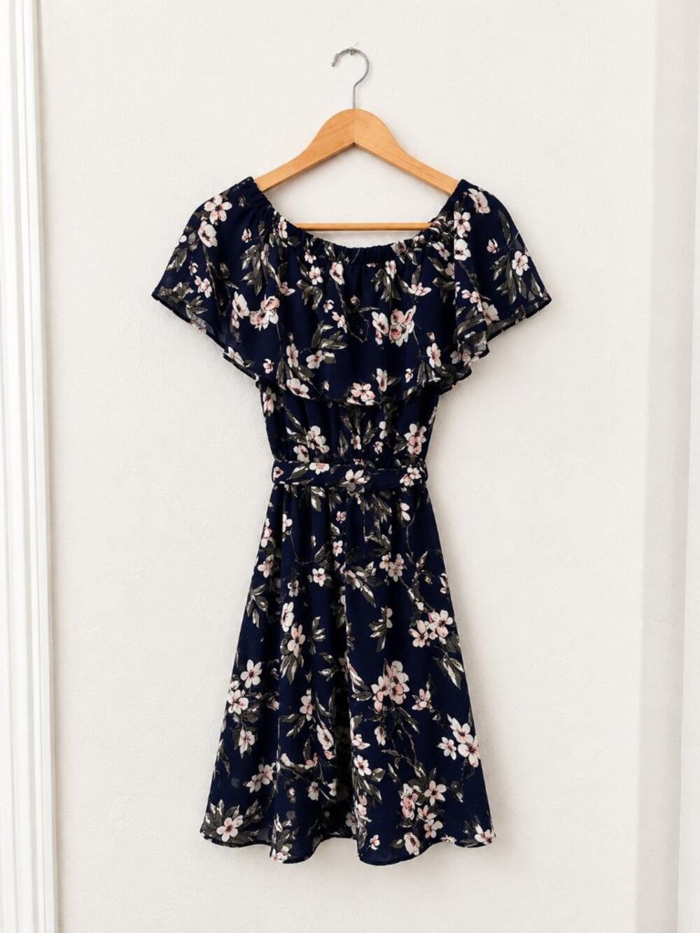 Navy Floral Off-Shoulder Dress